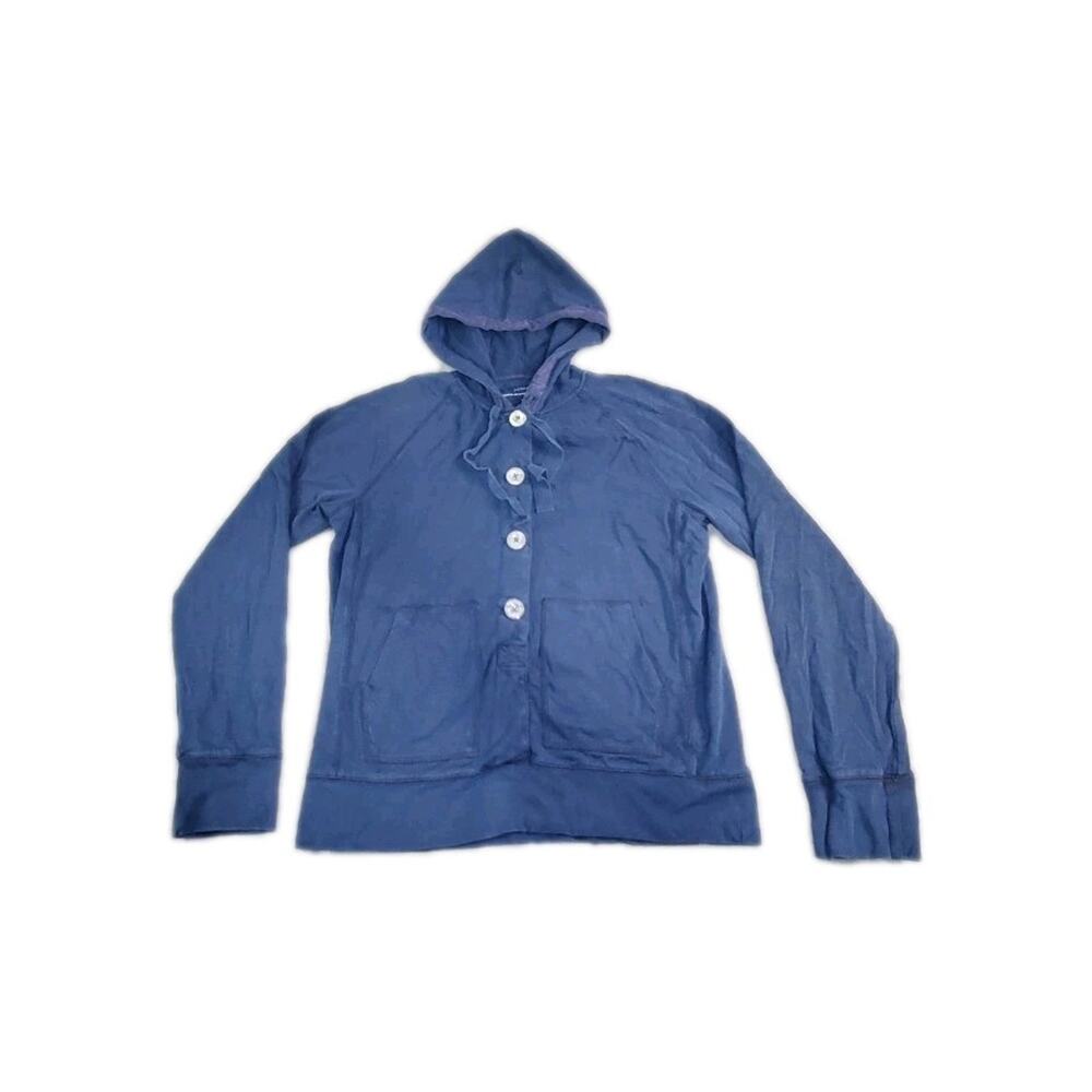 J.Crew Sz XL Blue Women's Washed Heavyweight Jersey Pullover Hoodie B1uttons C24